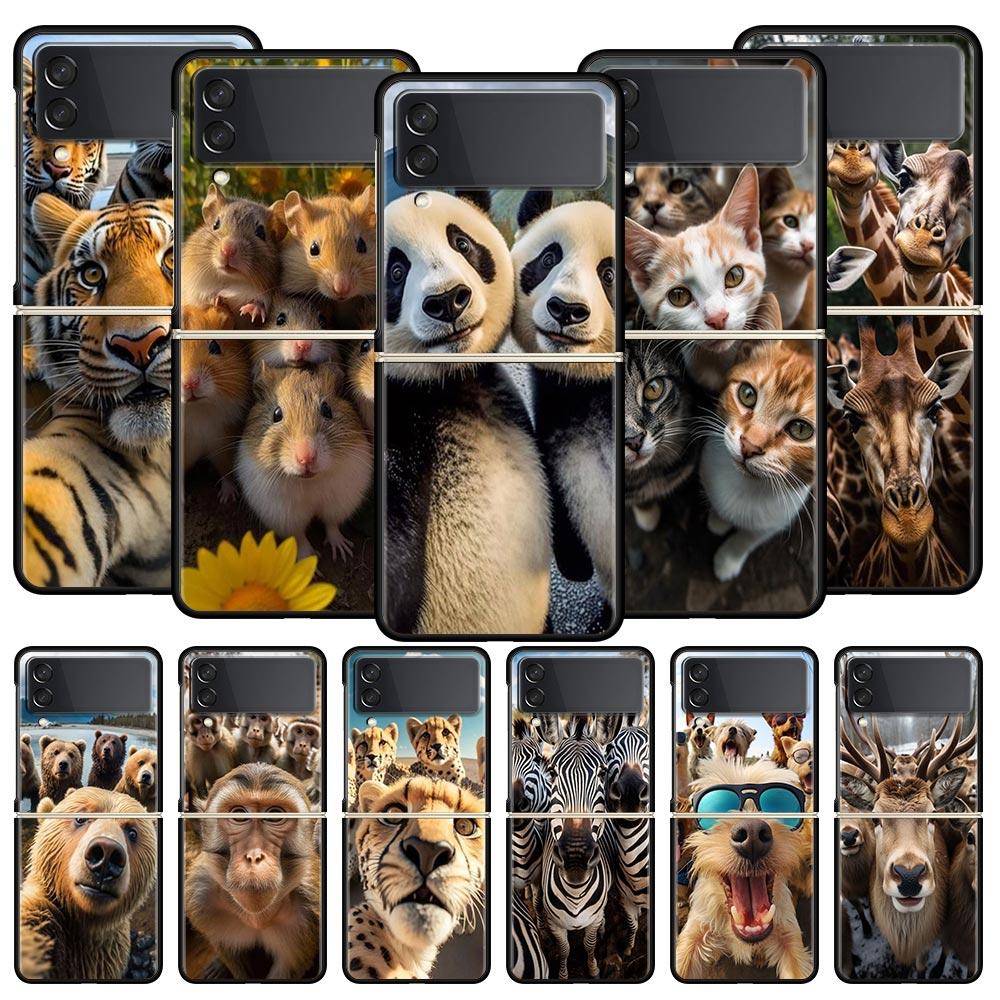 Чехол для телефона с рисунком «Селфи животных» Для Samsung Galaxy Z Flip3 Flip4 Flip5 PC Бамперная оболочка Для Z Flip 3 4 5 Черная Жесткая Складная Крышка