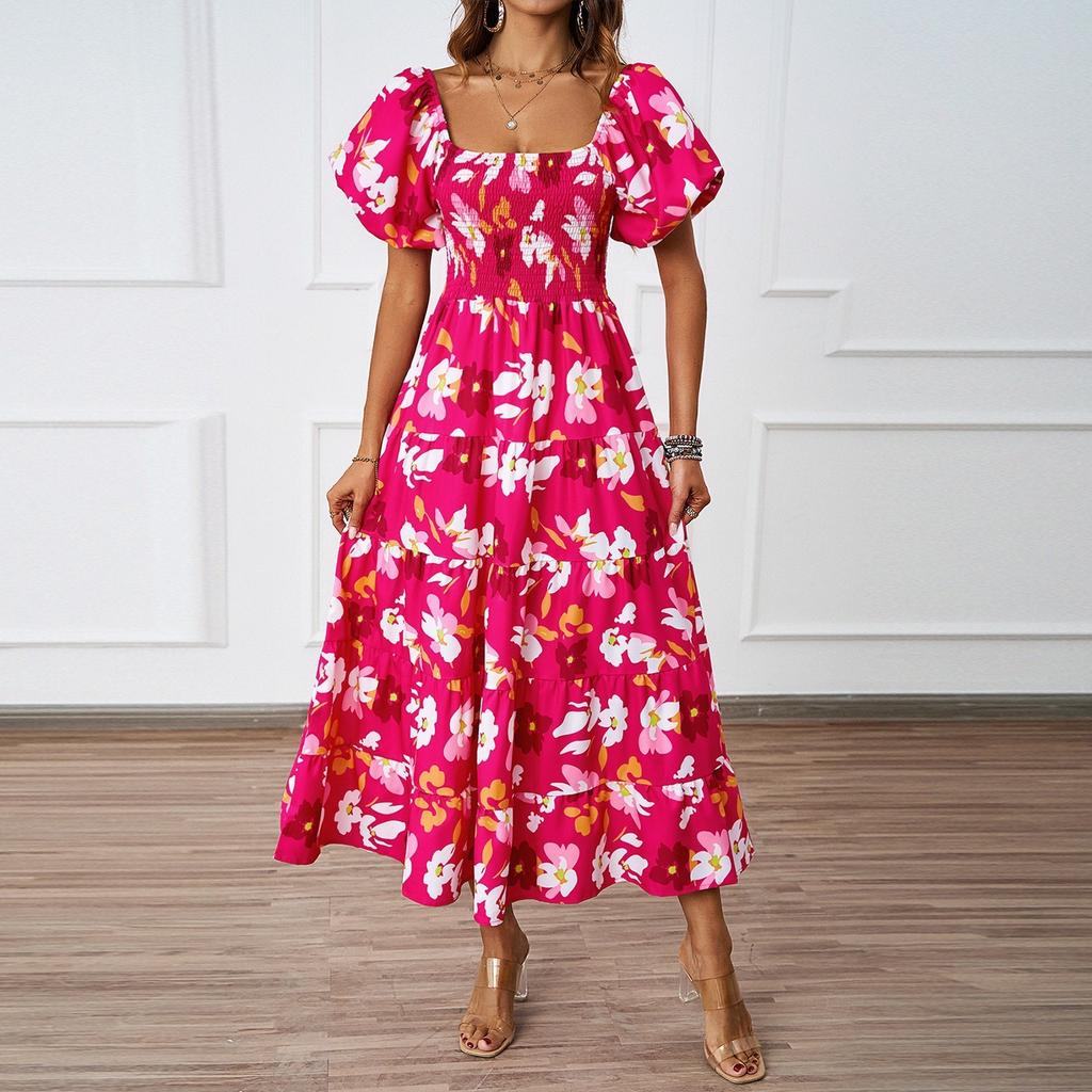 Женское модное платье с квадратным вырезом и цветочным принтом, короткими рукавами и эффектом темперамента