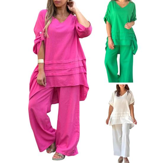 2 шт./комплект женский повседневный наряд с круглым вырезом и рукавом 3/4 средней длины топы с эластичной талией широкие длинные брюки комплект однотонная домашняя одежда