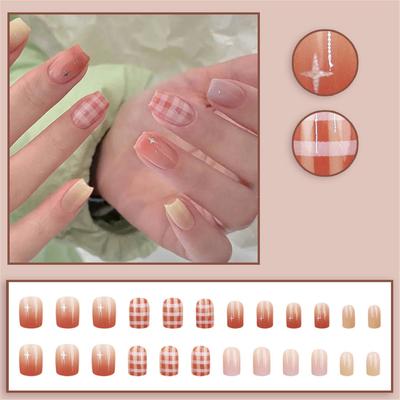 24PCS Gradient Plaid Fake Nails Short Artificial Nail Tips Press On Nails Artificial Manicure Tool Nail Tips Wearable Fake Nails