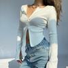 VAYLA Women T-shirt Spring Autumn Clothes Ribbed Knitted Long Sleeve Crop Tops Zipper Design Tee Sexy Female Slim Black White Tops