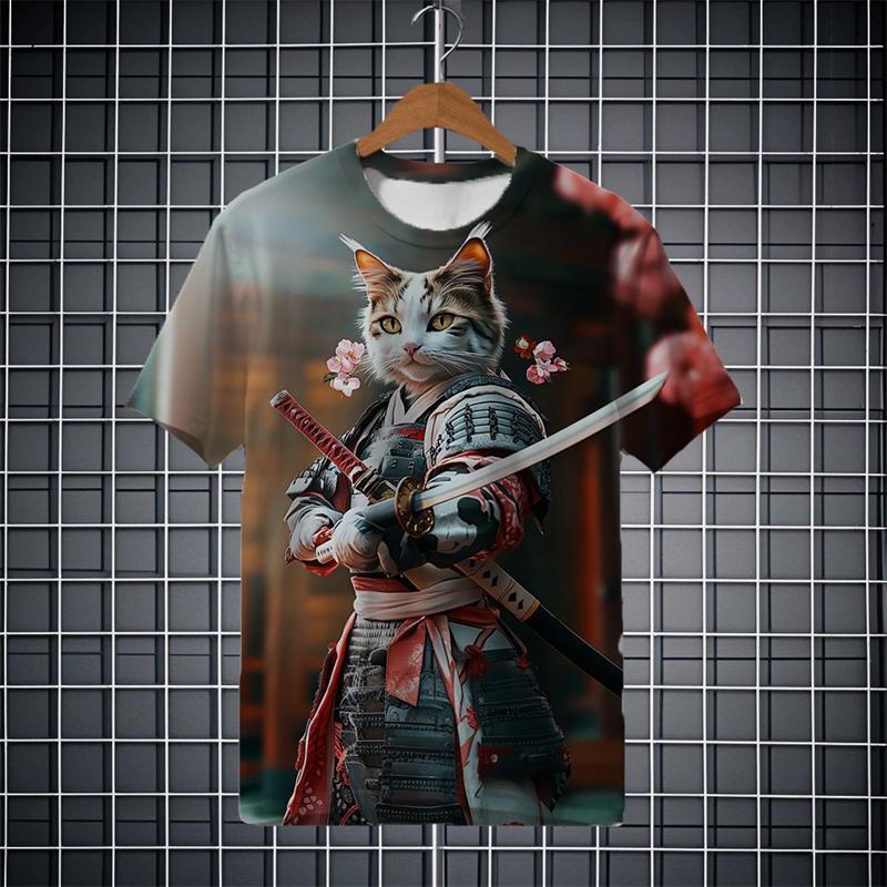 Модная японская кошка-самурай 3D-печать Мужская футболка с коротким рукавом Повседневная фестивальная футболка с круглым вырезом Топы полиэстер Мужская одежда