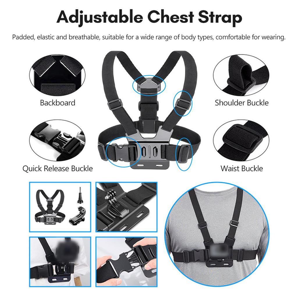 Sports Camera Accessory Set Chest Strap Mount + Head Strap + Neck Holder + Phone Holder for Cycle Hiking Boating Travel