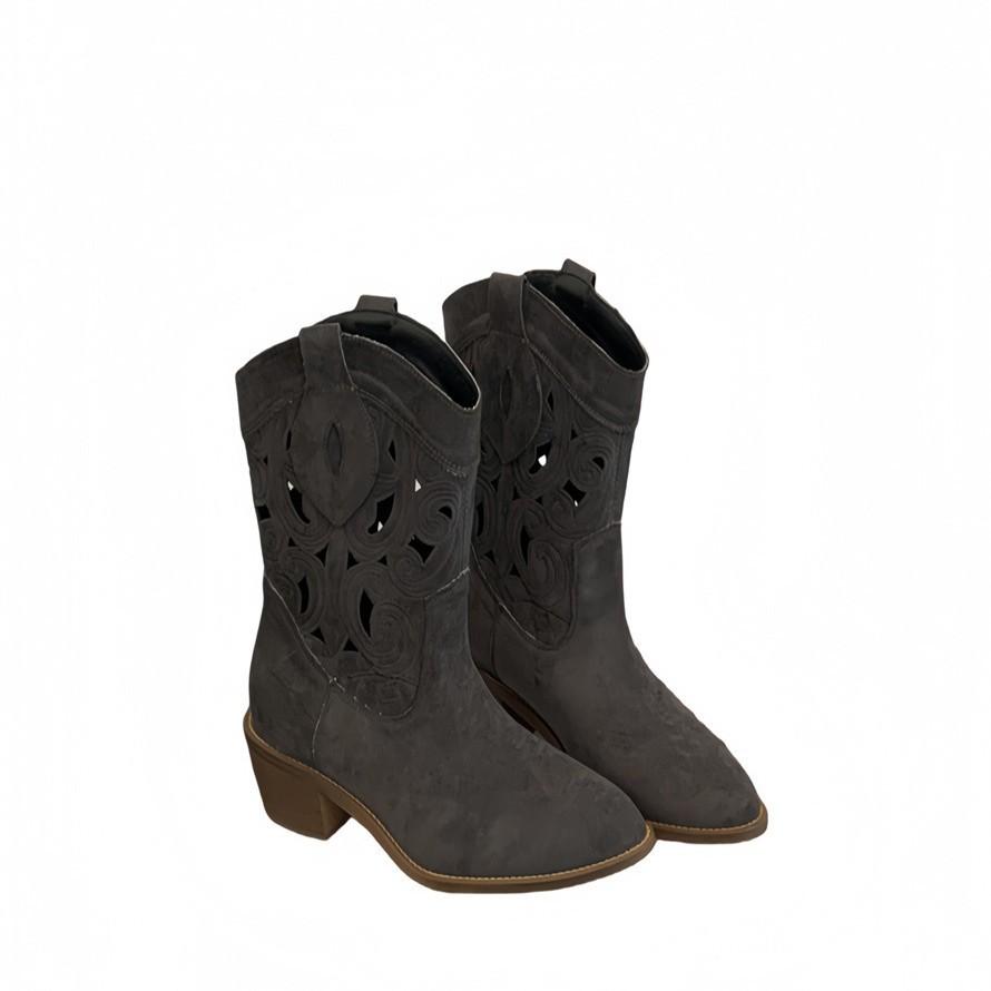 2025 новые короткие ботинки женские ковбойские сапоги в западном стиле вышитые полые женские на толстом каблуке V-образный вырез этнический стиль ретро рыцарские сапоги женские