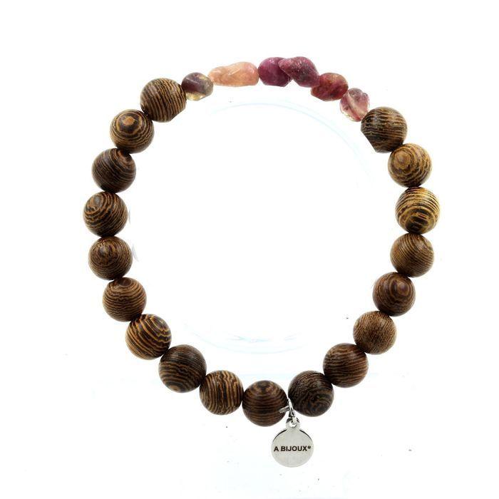 Stones and Minerals. Brazilian Rubellite Tourmaline Bracelet + Wood 8 Mm. Made In France.