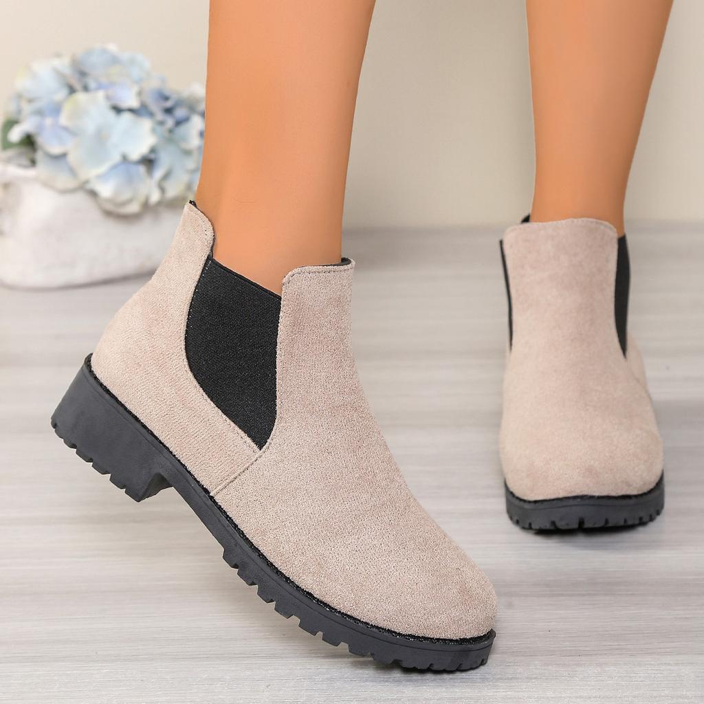 Women's Round Head Suede British Women's Leather Boots Elastic Martin Boots Short Boots Thick High Heel Women's Shoes-Boots
