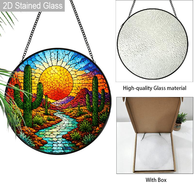 1pc 2D Flat Landscape Stained Glass Suncatcher, 6.3/7.87 Inch Desert Sunset Lake Glass Suncatcher, Southwestern Landscape Window Hanging, Warm Sunset