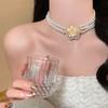 Rhinestone Multi-layer Necklace Baroque Style Camellia Clavicle Chain Pearl Flower Necklace  Girls