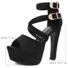 Maogu Pump Shoes for Women 2024 Black Gladiator Sandals Double Buckle Peep Toe High Heels Party Platform Chunky Block High Heel