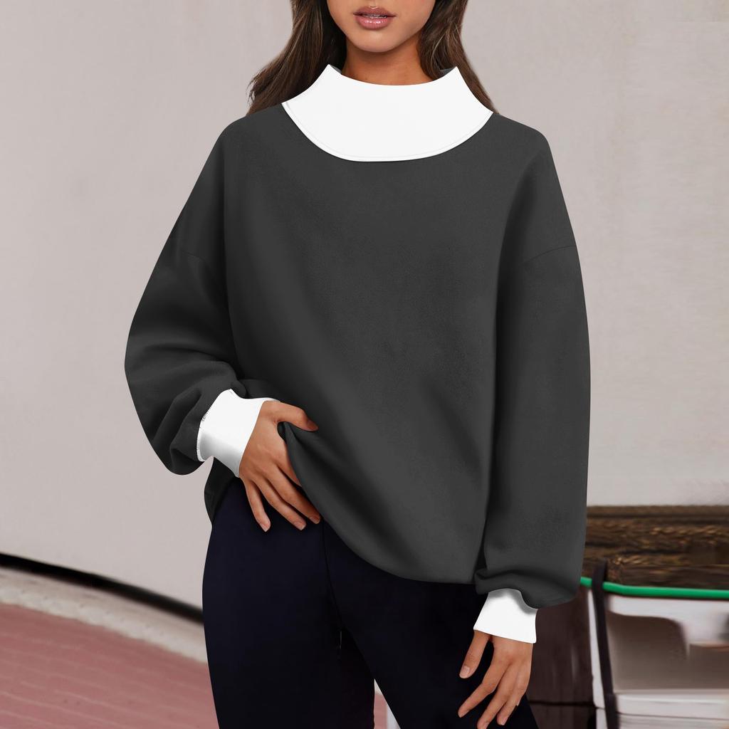 Женская мода с длинным рукавом и цветными блоками, свободная водолазка с разрезом и половиной водолазки, топ