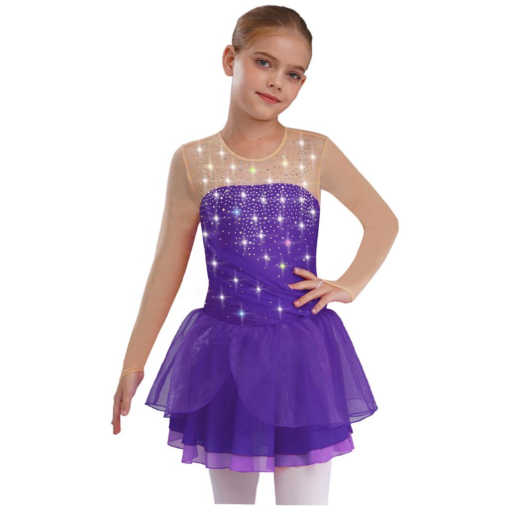 Girls Figure Skating Performance Costume Sparkly Rhinestones Lyrical Dance Dress