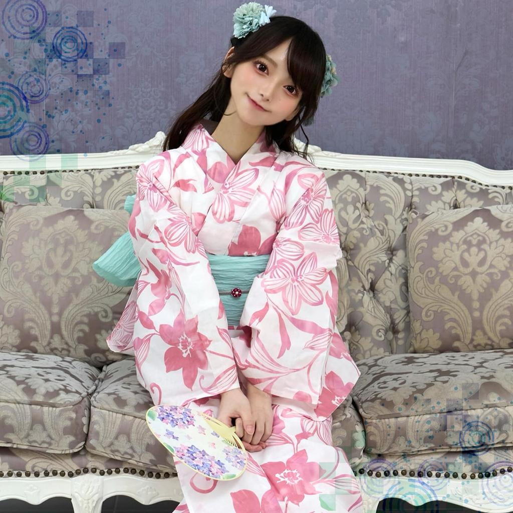 RAVIR Yukata Refreshing White Background with Watercolor and Soft Pink Floral Includes a Fluffy Obi Belt and One Size Fits All Women's 3-Piece Set