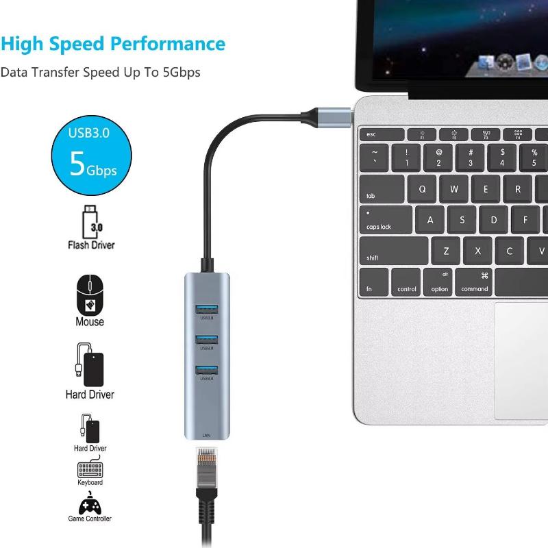 USB C Ethernet Gigabit Network Card Adapter with 3 USB 3.0 HUB for MacBook Pro, ChromeBook Pixel, Huawei Matebook and More