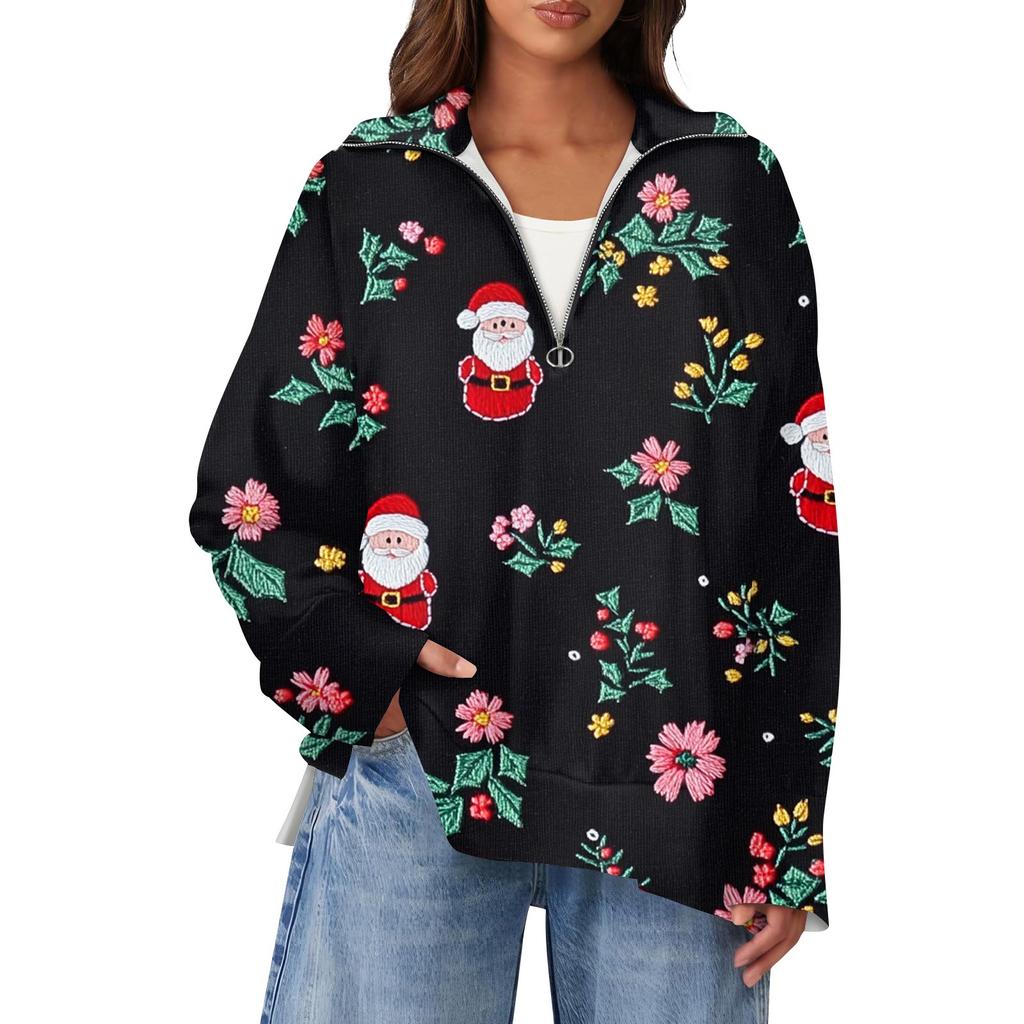 Женский повседневный свитер с полумолнией и лацканами со снежинками и разрезом сверху по бокам, модная одежда