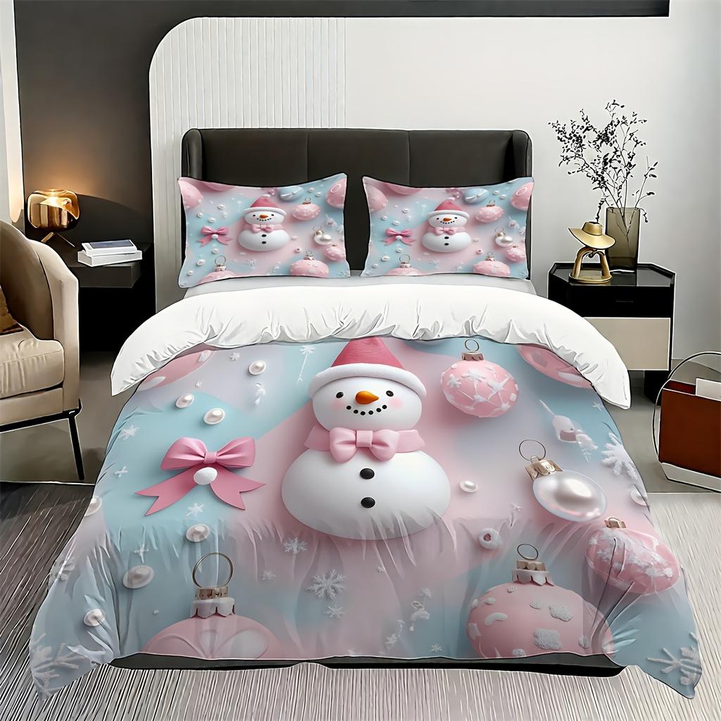 3pcs Cute Christmas Snowman Bedding Set Christmas Ball Snowman Snowflakes Pattern Duvet Cover Set (1*Duvet Cover + 2*Pillowcase