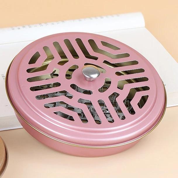1PC Round Fireproof Mosquito Coil Box with Lid, Serrated Iron Coil Holder Tray, Outdoor Camping Tools