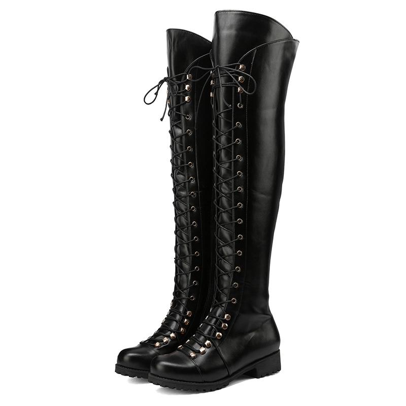 Новые осенне-зимние ботфорты выше колена на квадратном каблуке с перекрестной шнуровкой, модные, ретро, однотонные, рыцарские