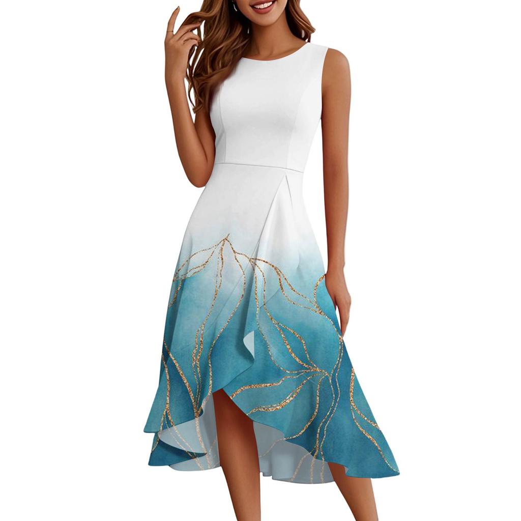 Женские модные повседневные платья без рукавов с круглым вырезом и принтом, элегантные, темпераментные, с оборками