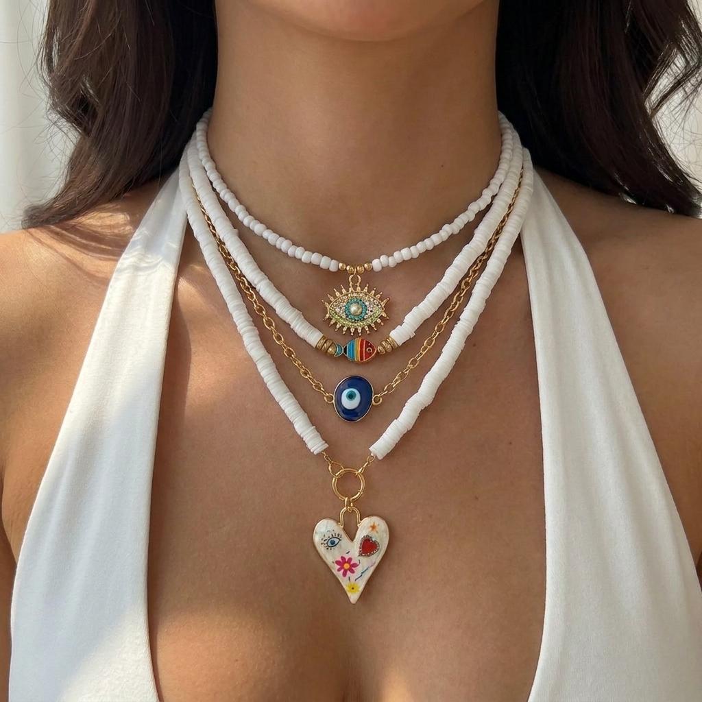 4pcs Lucky Blue Evil Eye Pendant Necklaces Set for Women Bohemian Colorful Heart Multilayer Beaded Necklaces Stacked Jewelry