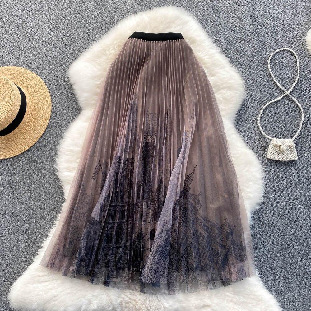 Qooth Женская весенняя газовая юбка средней длины с высокой талией, повседневная сетчатая юбка трапециевидной формы с принтом QT1824