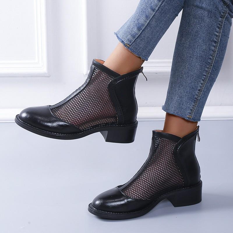Mesh Boots Women 2024 New Summer Round Head Women's Sandals Fashion Mesh Middle Heel Street Breathable Zipper Women's Sandals