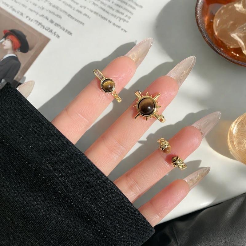 Средневековое французское ретро золото имитация камня тигровый глаз подсолнух открывающееся кольцо нишевое высококлассное уникальное кольцо