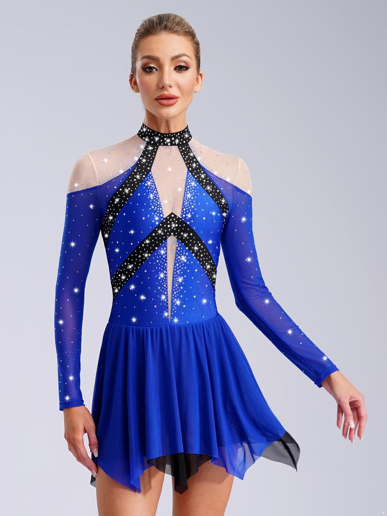 Women Figure Skating Performance Costume Sheer Mesh Rhinestones Leotard Dress for Modern Lyrical Dance Gymnastics Acrobatics