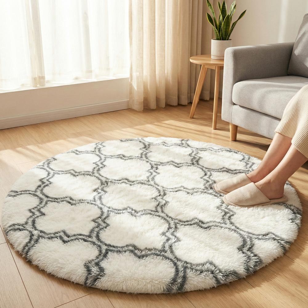 Dywan okrągły do salonu shaggy DECOR antypoślizgowy miękki puszysty 140x140 White Lantern