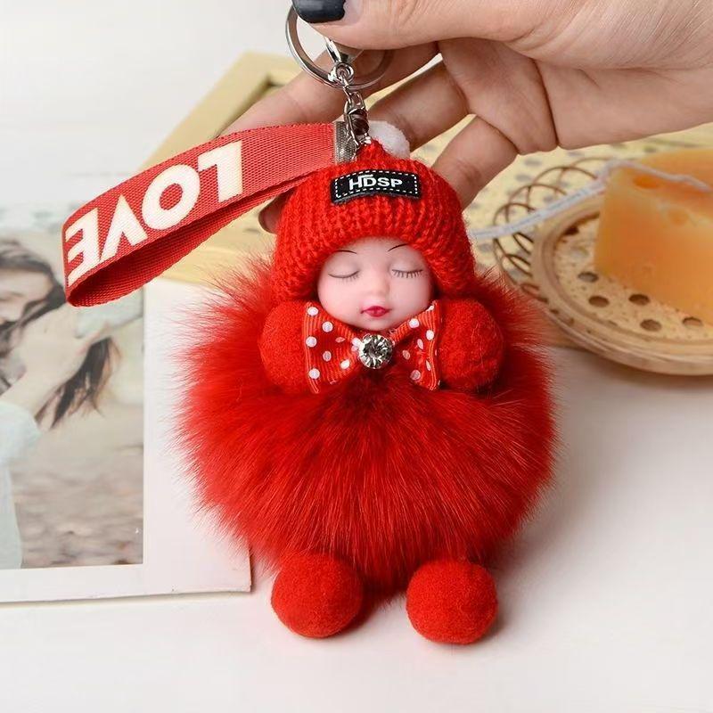 Exquisite Handmade Plush Sleeping Doll Pendant with Faux Mink Fur, Perfect As a Backpack Accessory