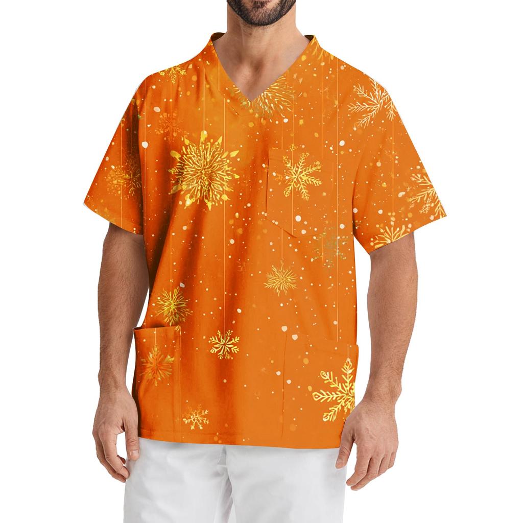 Мужская рабочая блузка с короткими рукавами и v-образным вырезом с принтом, топ с нагрудным карманом