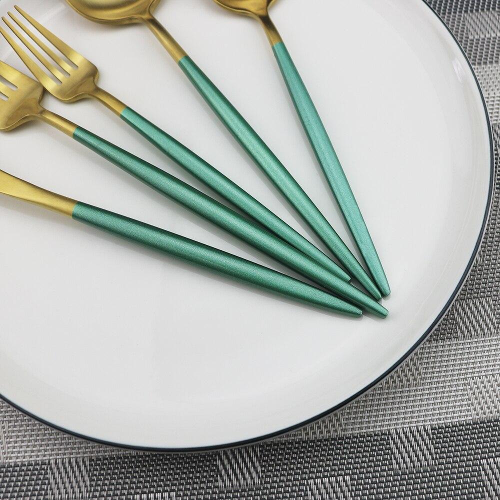 1pcs Green Metal Dinnerware Reusable Gold Flatware 304 Stainless Steel Cutlery Knife Fork Spoon Dessert Tea Kitchen Tableware