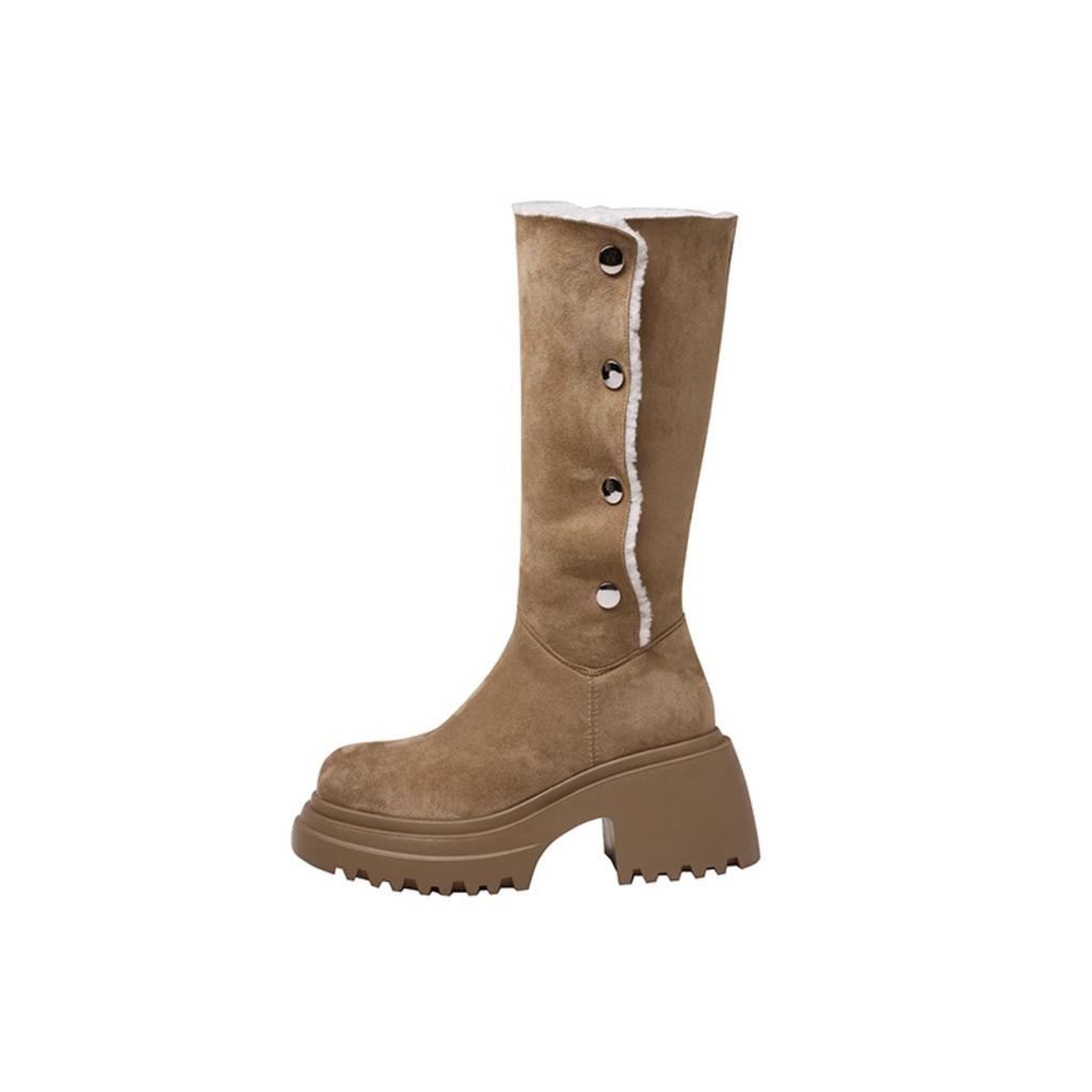 Маленькие сапоги на толстой подошве для осени и зимы с круглым носком и толстым каблуком, увеличивающим высоту ворса, замшевые, с утолщенным мехом, теплые зимние сапоги для женщин