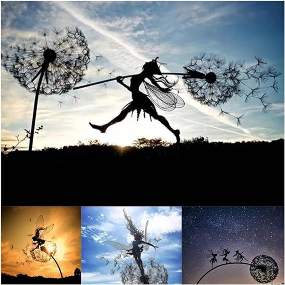 Силуэт садовая фея украшение кол одуванчики металлический эльф украшение для двора художественный декор газон ландшафт скульптура украшение