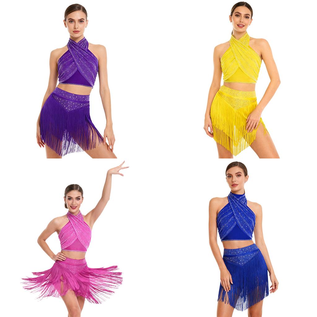 Womens Chacha Salsa Dance Outfit Halter Sleeveless Backless Shiny Ruched Crop Top Tiered Tassels Skirt Built In Shorts