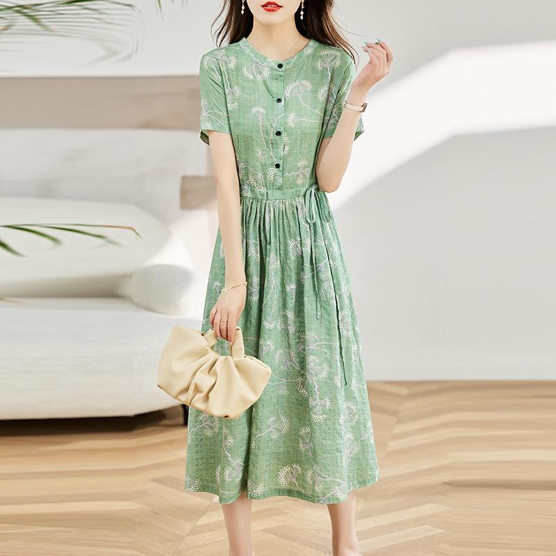 Женское летнее платье 2025 года с цветочным принтом из хлопка и льна - с коротким рукавом, приталенное, длинное, омолаживающее, модная повседневная одежда для мам