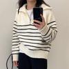 New Loose Casual Knitted Pullover Striped Women Sweater Autumn/Winter Half Zipper Fashion Korean Long Sleeve Short Top Office Knitwear Simple Clothing