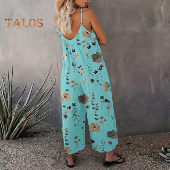 Летний женский комбинезон с регулируемым ремешком на тонких бретельках, без рукавов, с открытой спиной, с широкими штанинами, свободный цветочный принт, глубокая промежность, боковые карманы, плиссированные, для отдыха, пляжа
