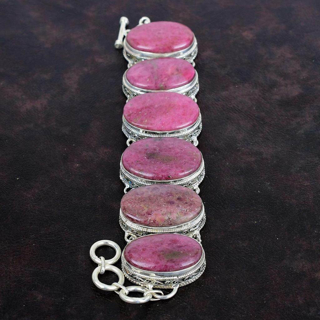 Rhodonite Gemstone Bracelet 925 Sterling Silver Bracelet Handmade Jewelry Adjustable Chain Bracelet Gifts For Mother Vintage Design Bracelet