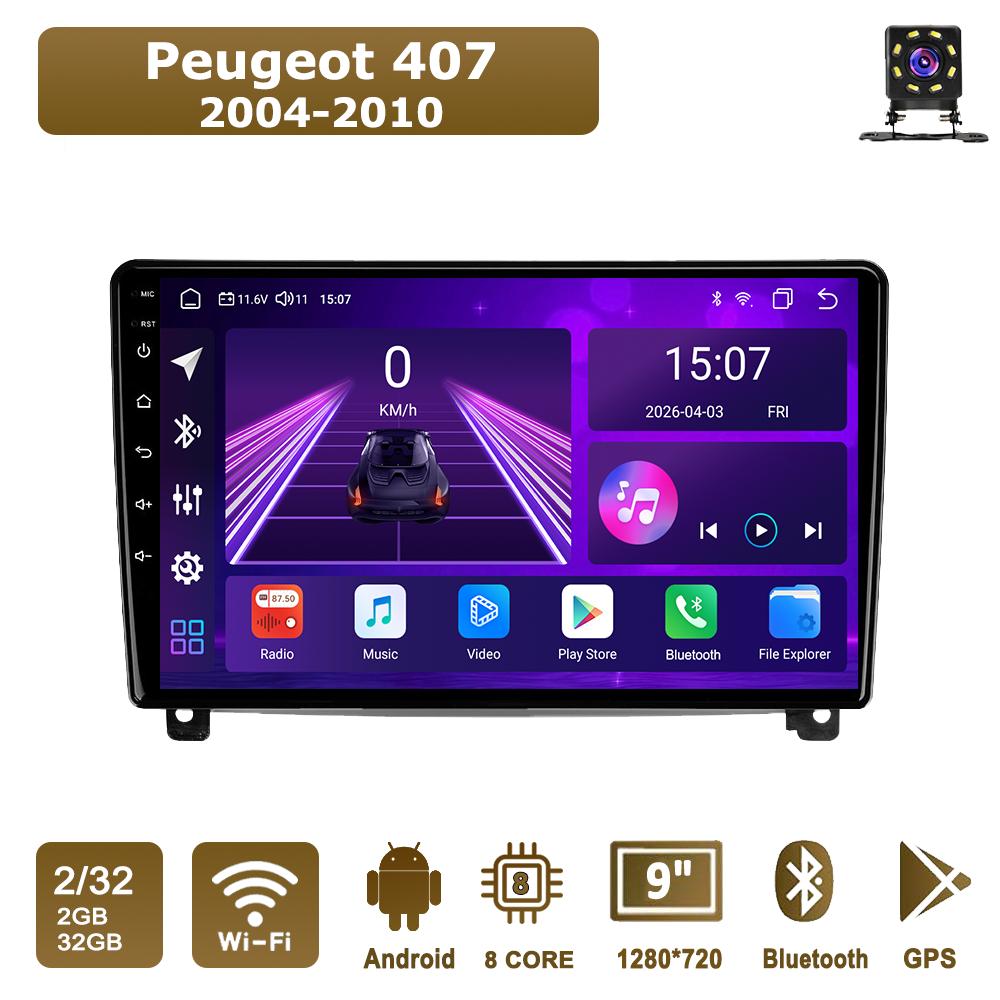 Автомобильная магнитола Android Car-Play для Peugeot 407 2004-2010 Мультимедийный плеер Головное устройство Стерео Навигация GPS BT WIFI, 8 ЯДЕР ,2+32 ГБ
