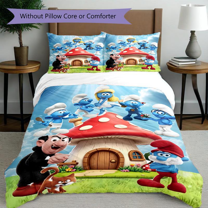 3pcs Duvet Cover Set (1*Duvet Cover + 2*Pillowcase, Without Core), Blue Smurfs Print Bedding Set, Bedroom Decor, All‑Season, Birthday Gift