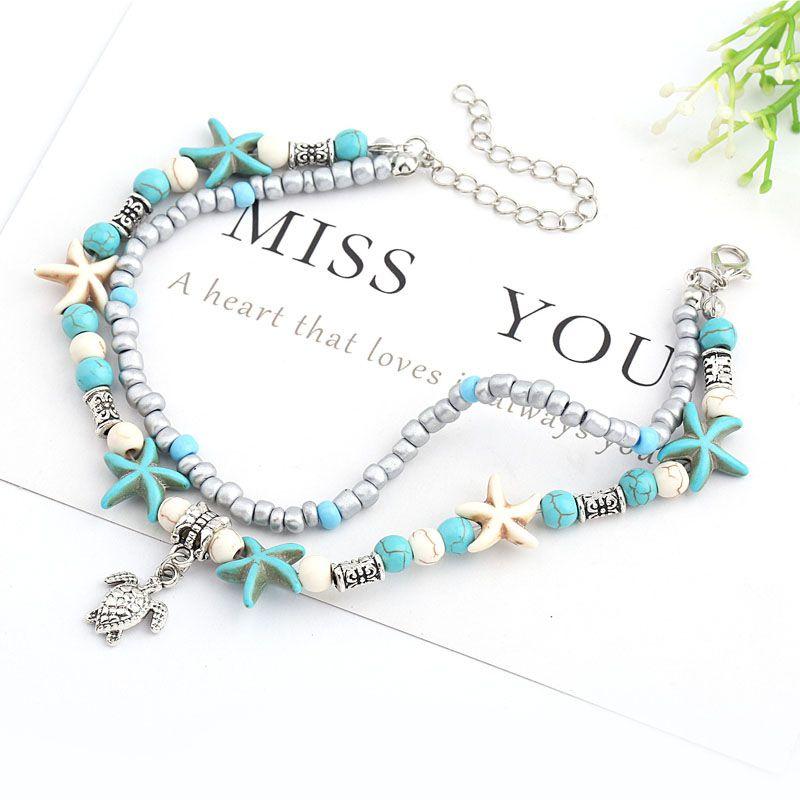 Винтажный синий браслет на ногу с ракушкой морской звезды, пляжный браслет на ногу с черепахой, отпускной браслет на ногу с рисовыми бусинами