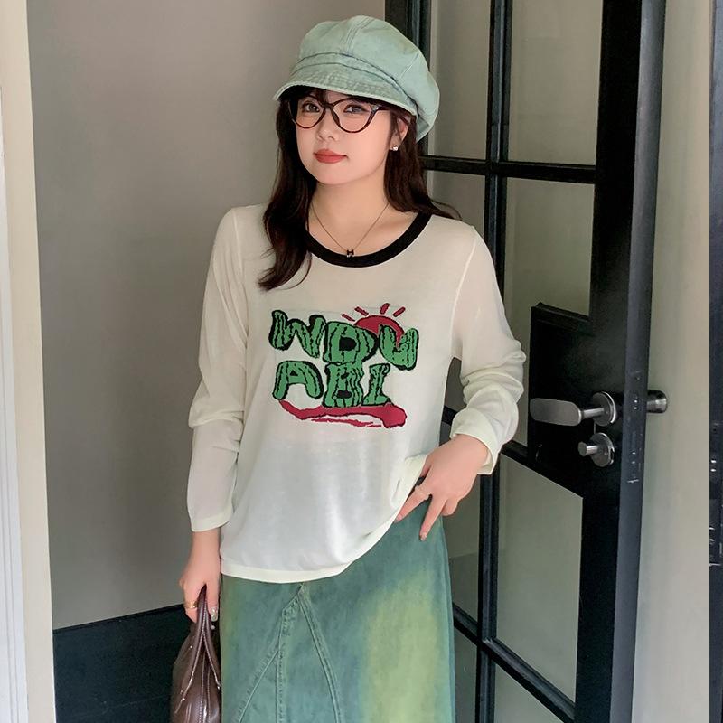 Плюс Размер Женский Круглый вырез Жаккардовый Письмо Топ Длинный Рукав Ранняя Осень Свободный Повседневный Трикотаж