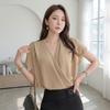 Style Latte Women V Neck Wrap Shirring Draped Chiffon Blouse