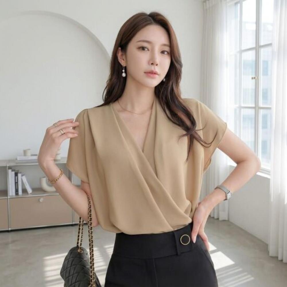 Style Latte Women V Neck Wrap Shirring Draped Chiffon Blouse