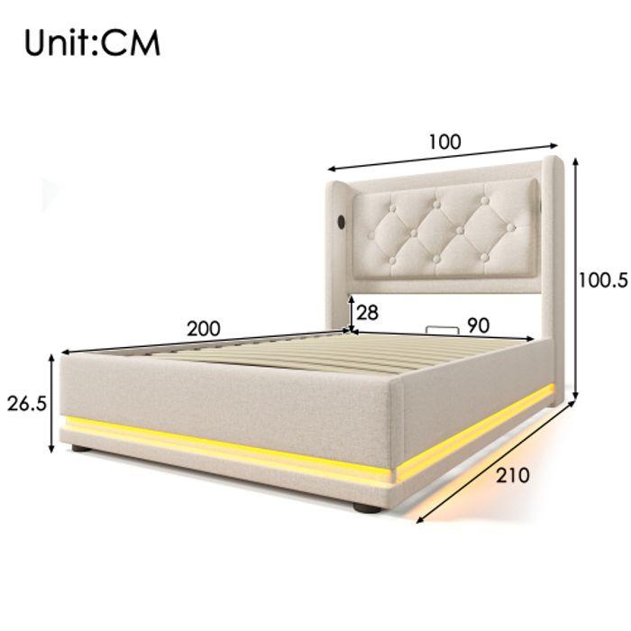 Lit simple - MUVOE - 90x200 cm - Tête de lit capitonnée - Recharge USB Type-C - LED intégrée