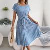 Spring Summer Women Short Sleeve Floral Pleated High Waist A Line Long Dress S-XL
