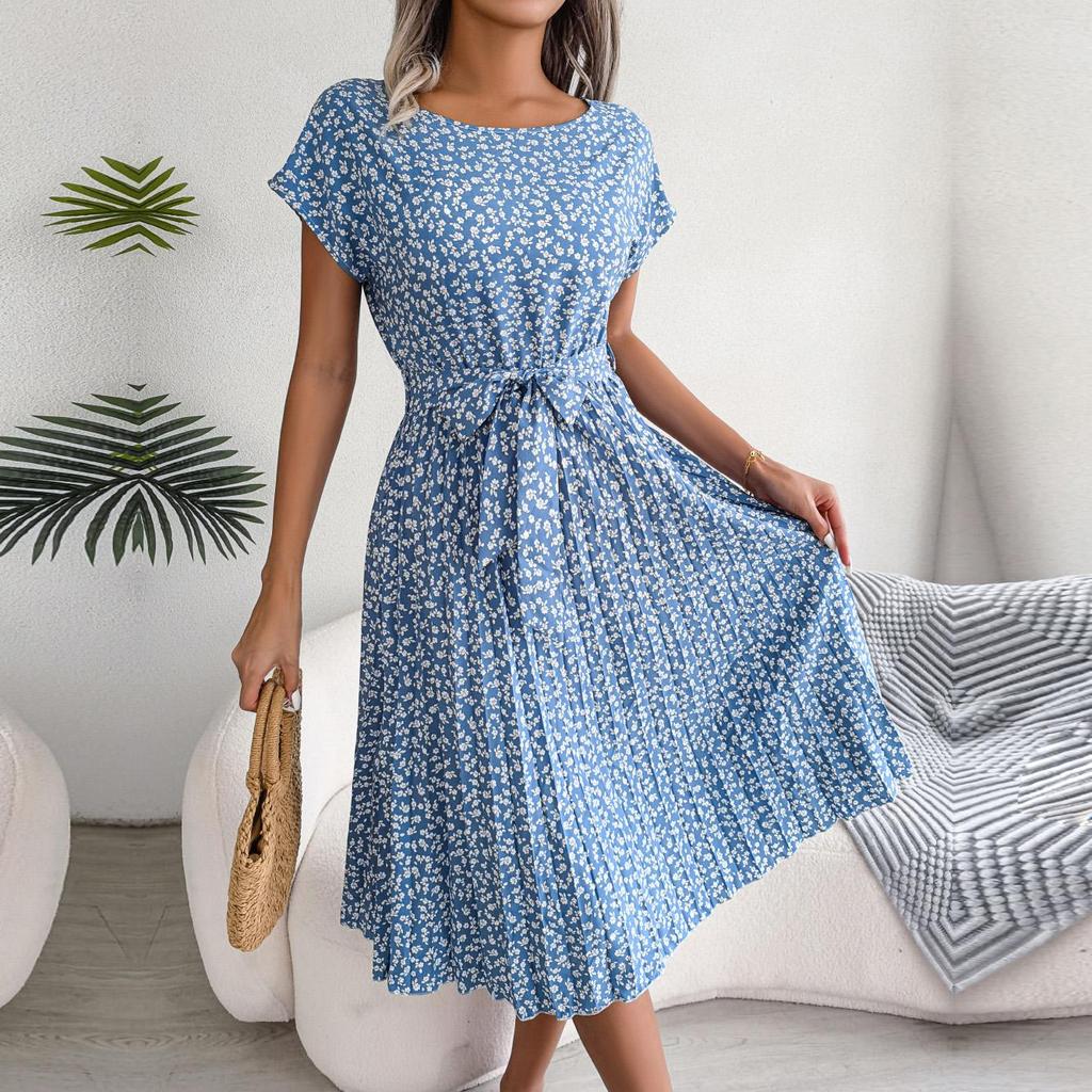 Spring Summer Women Short Sleeve Floral Pleated High Waist A Line Long Dress S-XL