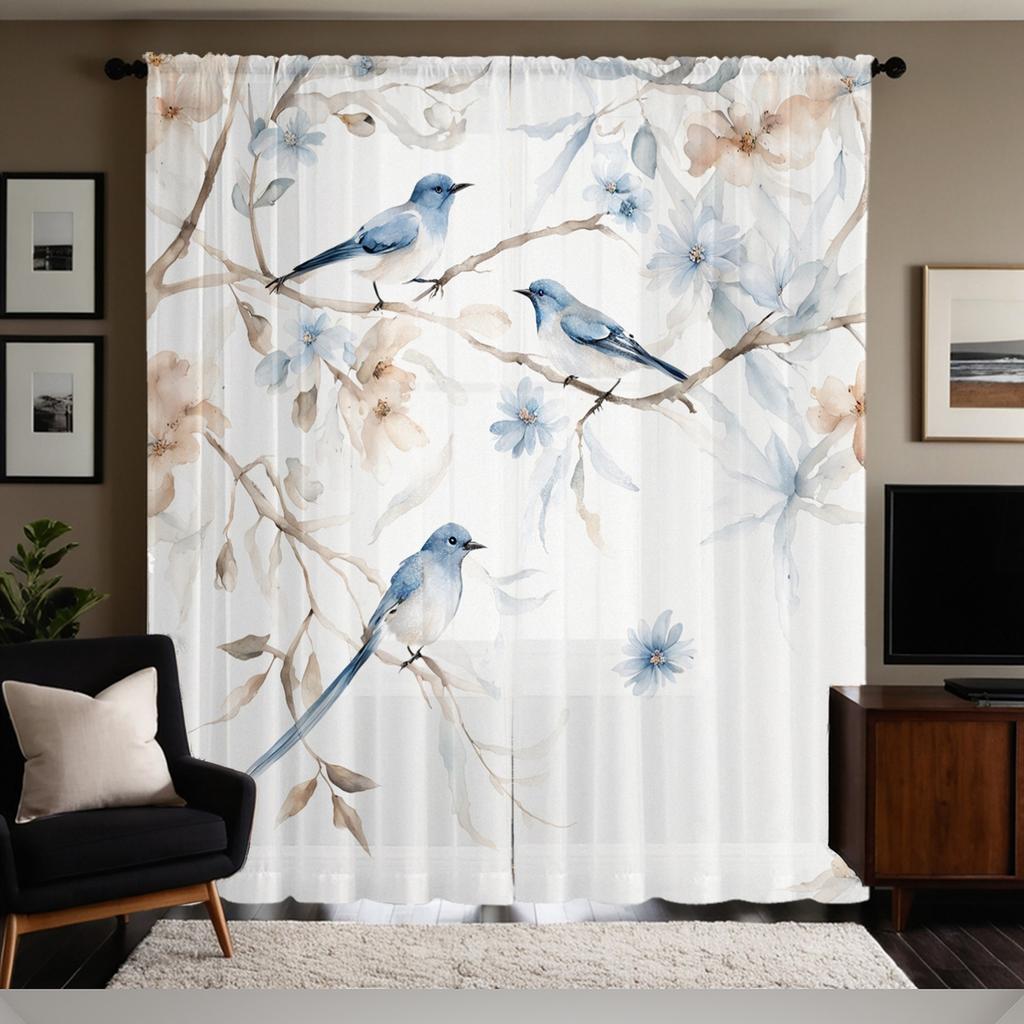 2Pc Gorgeous Blue Floral Print Curtains, Polyester Fabric, Machine Washable, Suitable For Living Rooms And Bedrooms