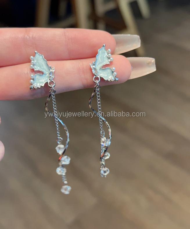 Light Blue Trendy Geometric Stud Earrings for Women Elegant High-End Luxury Style Alloy Silver Plated Party