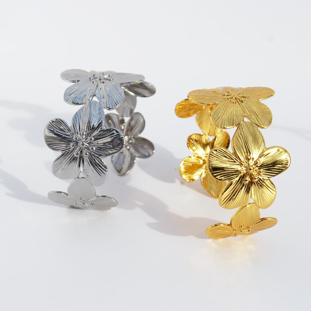 Copper Plated 24k Real Gold Exaggerated Wide Version Flower Opening Bracelet Arm Ring Accessories 888
